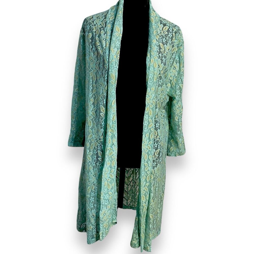 Eve & Maddie Cardigan Sweater Women's Large Turquoise Blue Gold Lace Boho Casual